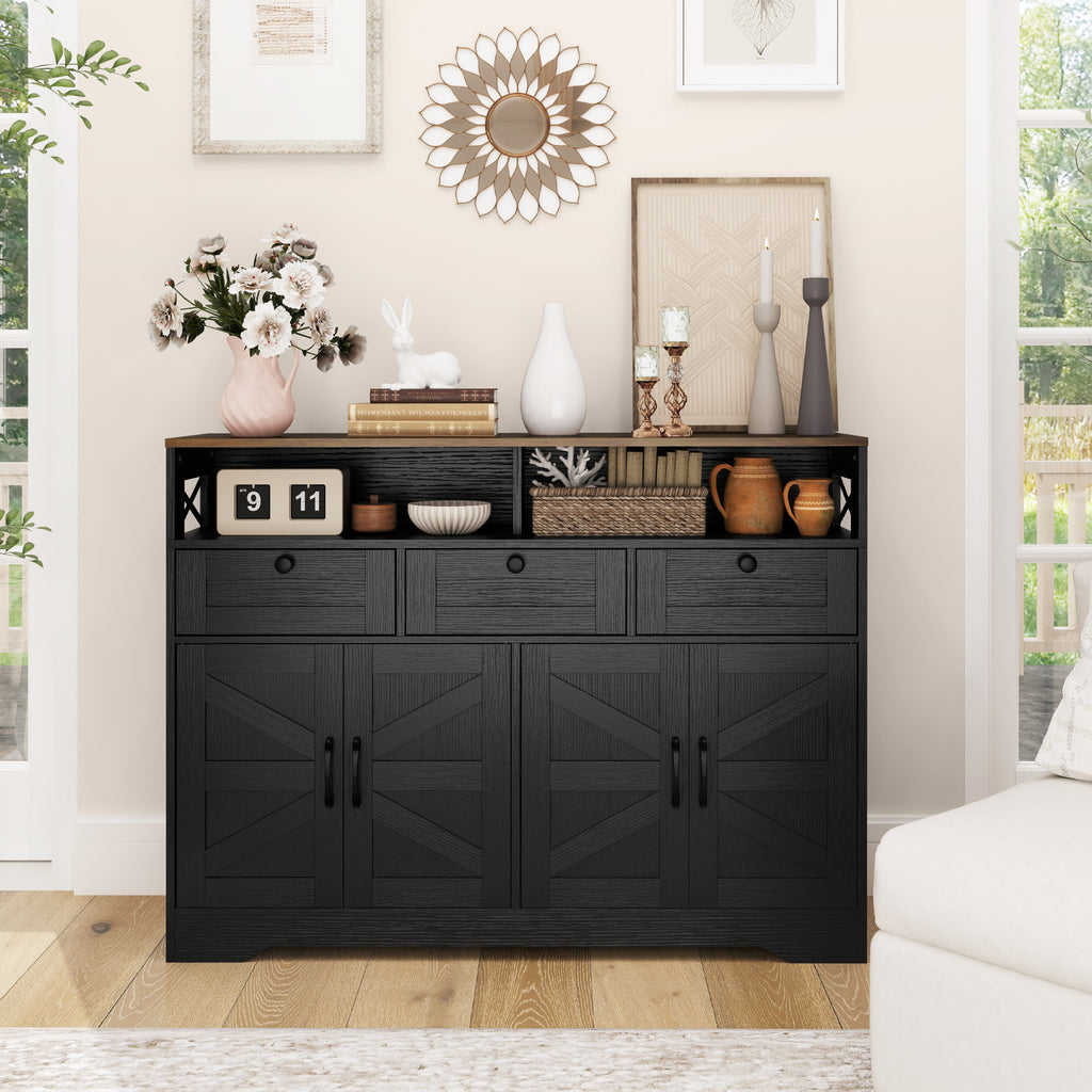 Sideboard, Buffet Cabinet with 4 Barn Doors and 3 Drawers, Coffee Bar Cabinet with Adjustable Shelves, Black