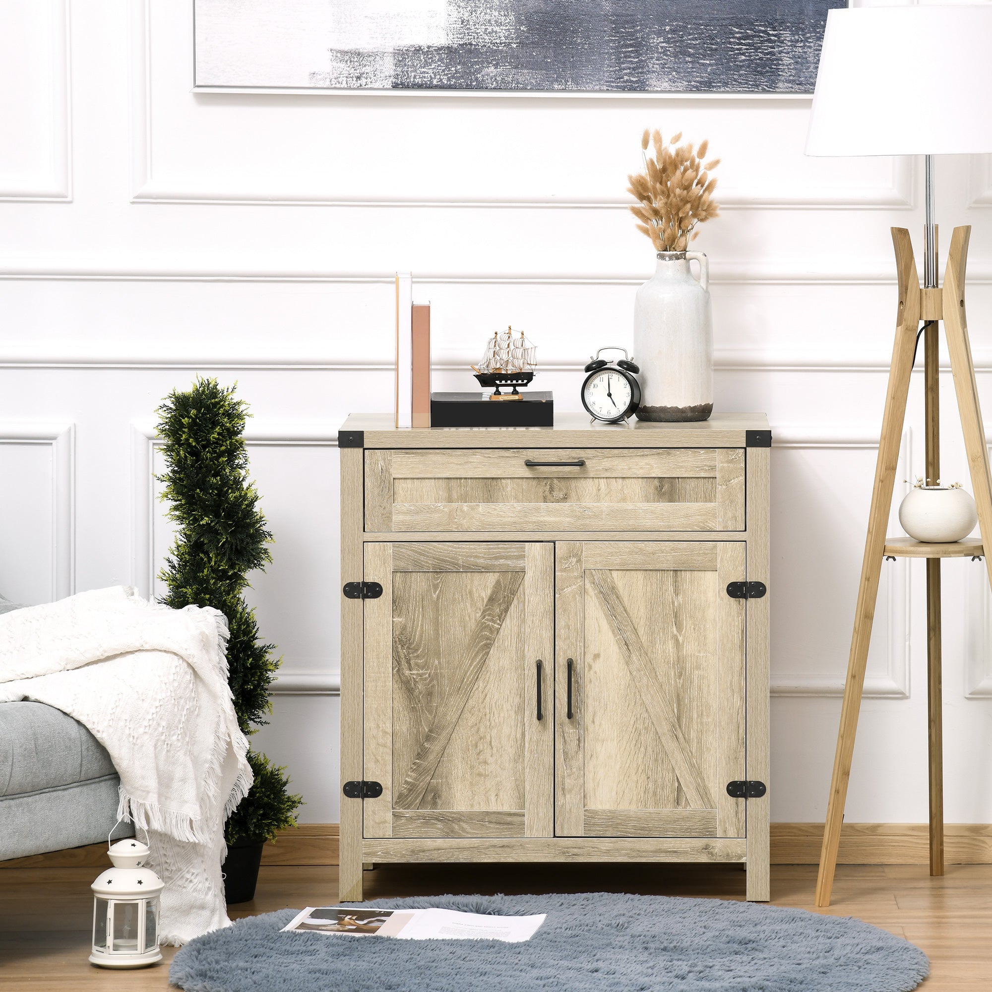 Farmhouse Kitchen Storage Cabinet, Sideboard Buffet Cabinet with 2 Rustic Barn Doors and Drawer, Oak