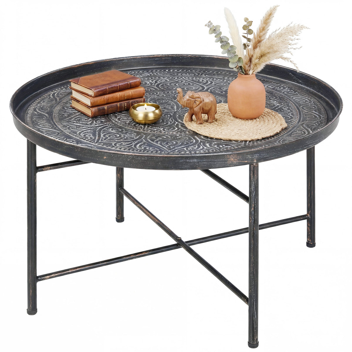 Vintage Coffee Table for Living Room, 24" Round Center Table with Hammered Tray Top and Metal Frame, Pewter