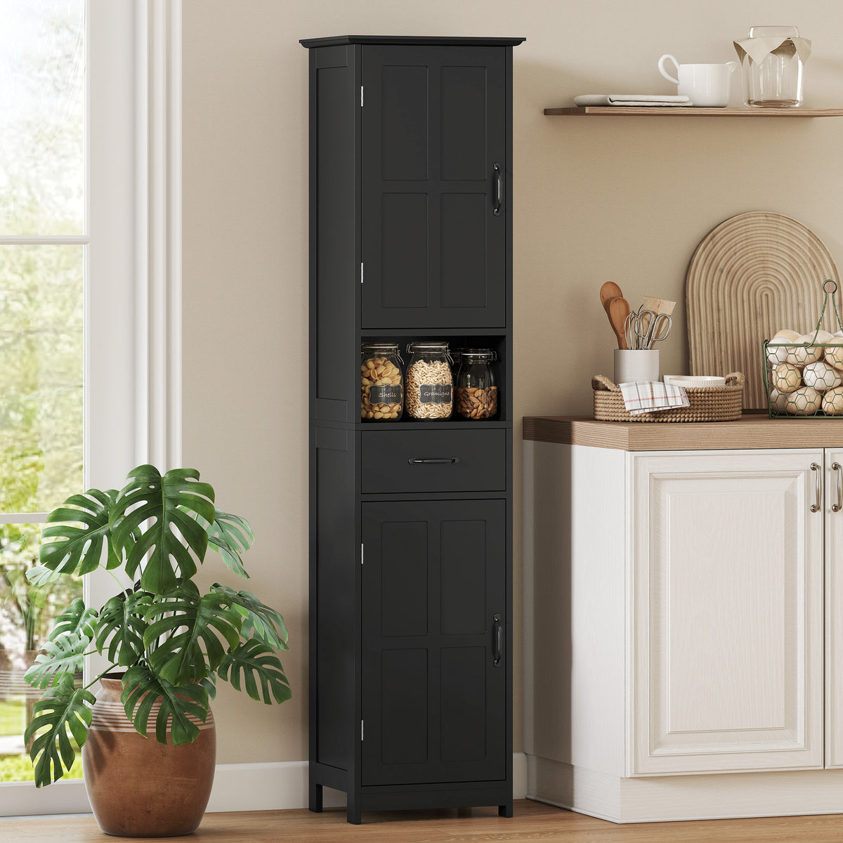 Modern Bathroom Cabinet, Narrow Bathroom Vanities with Open Shelf Drawer Recessed Doors and Adjustable Shelves White