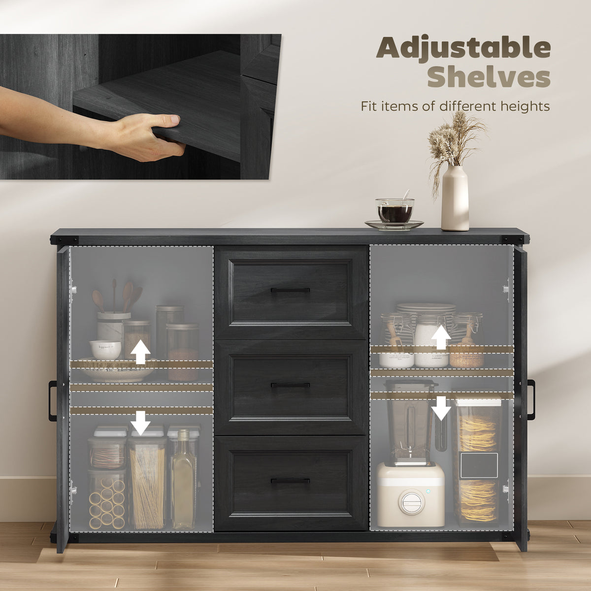 Sideboard with 3 Drawers and 2 Doors, 47" Buffet Cabinet with Adjustable Shelves for Kitchen, Black Wood Grain