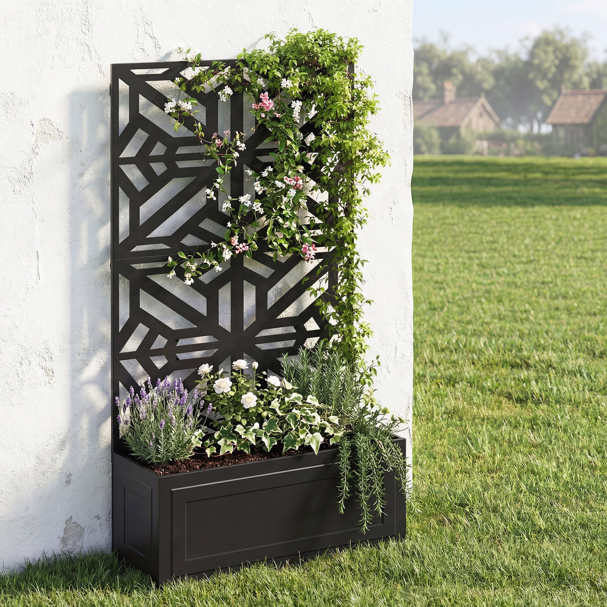 Metal Raised Garden Bed with Trellis for Climbing Plants, Freestanding or Wall Mounted Flower Bed with Privacy Panel
