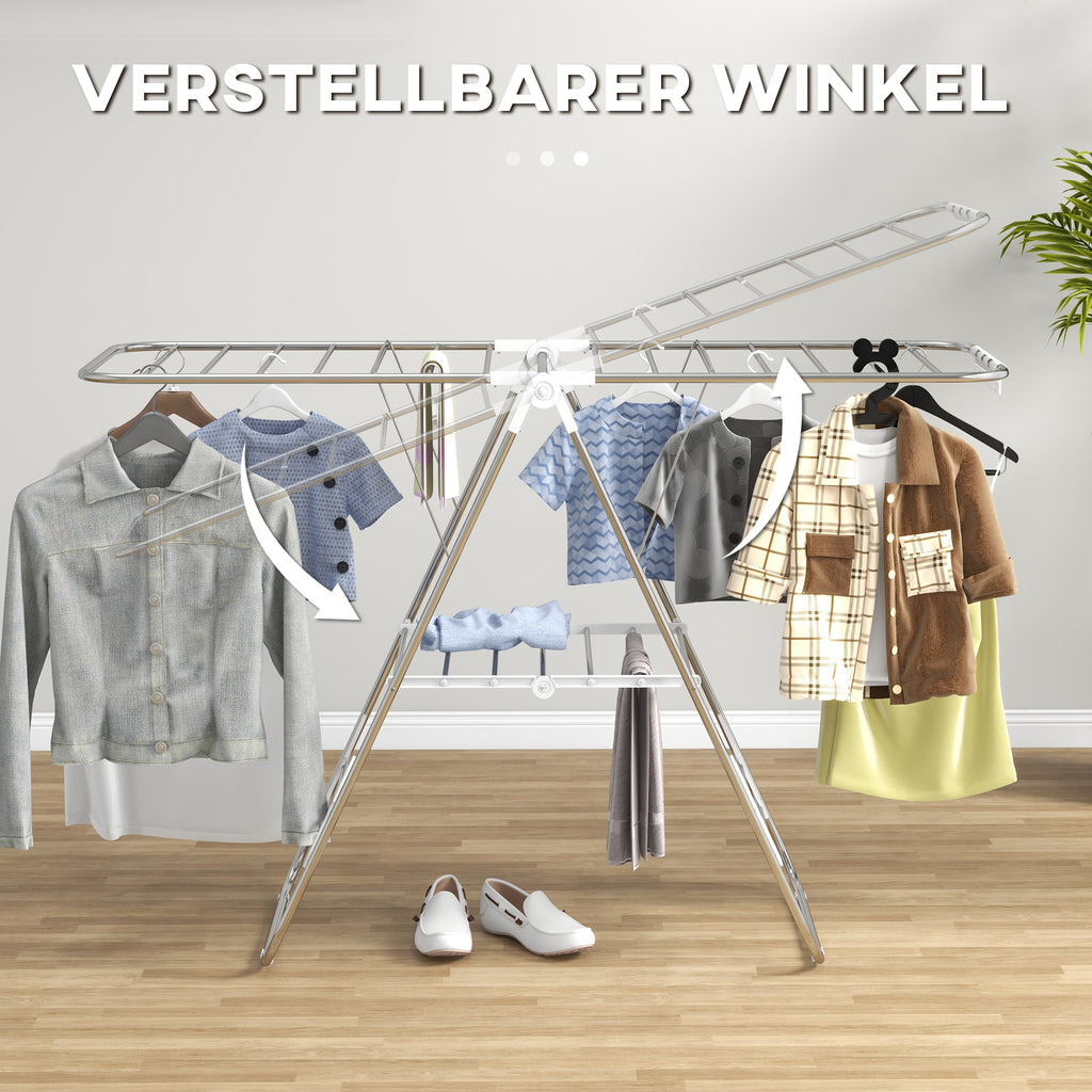 Clothes Drying Rack, 2-Tier Stainless Steel Foldable Laundry Rack with Adjustable Wings and Shoe Holders, Silver