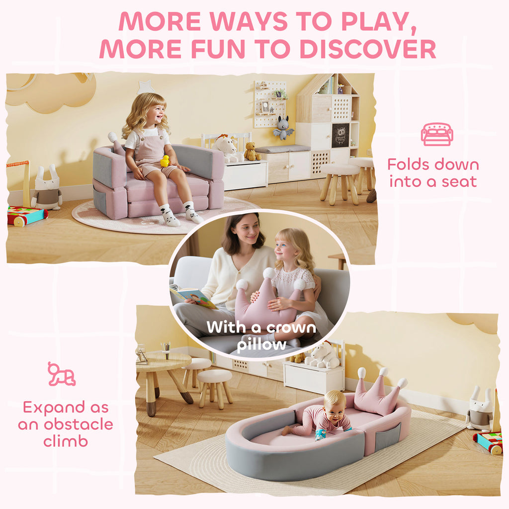 Qaba 3-in-1 Convertible Climbing Toys for Toddlers with Crown Cushion, Fold Out Toddler Couch to Lounger & Play Area, Pink
