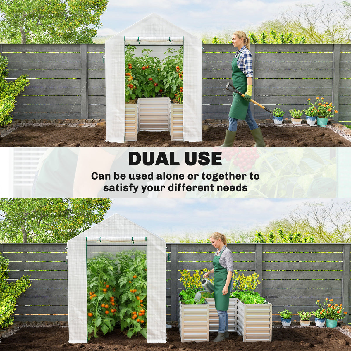 Greenhouse with Raised Garden Bed, Galvanized Metal Planter Box with PE Cover, Roll Up Door, 56" x 56" x 75", Green