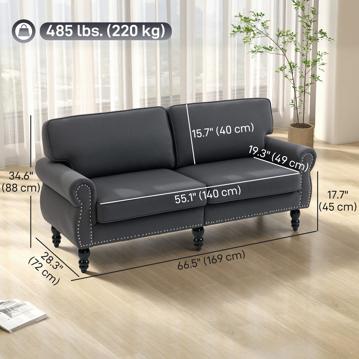 Stylish Midback Double Sofa with Sponge Padding, 2 Seater Sofa Couch, with Rubber Wood Leg, Dark Grey