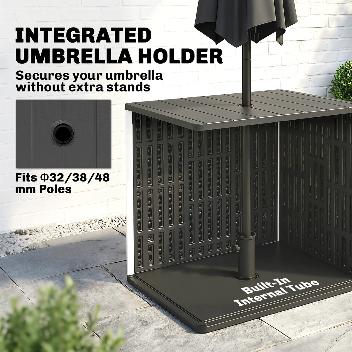 30 Gallon Storage Box, Outdoor Side Table with Umbrella Holder, Black