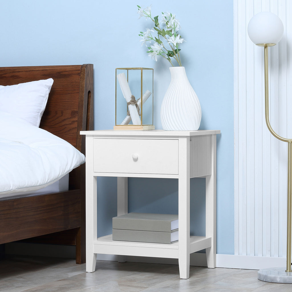 Modern Style Nightstand, Small End Table with Drawer and Storage Shelf for Bedroom, Living Room, White