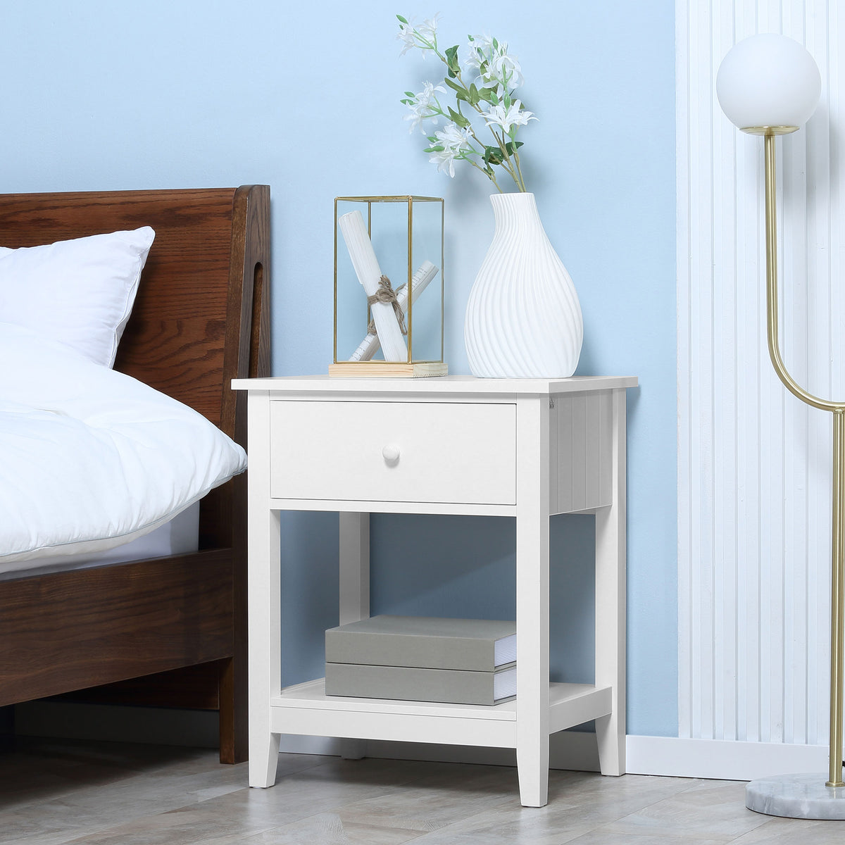 Modern Style Nightstand, Small End Table with Drawer and Storage Shelf for Bedroom, Living Room, White