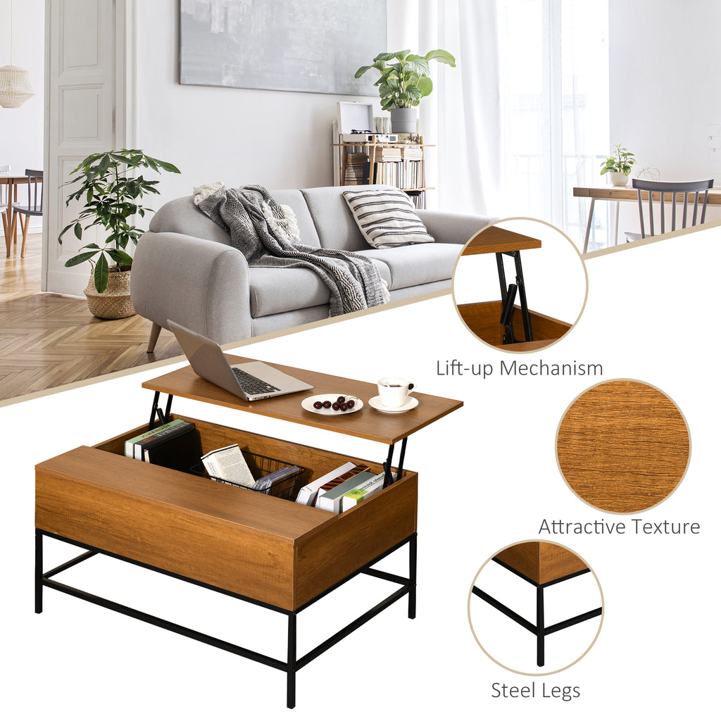 Lift Top Coffee Table with Hidden Storage Compartment Lift Tabletop Center Table for Living Room, Teak