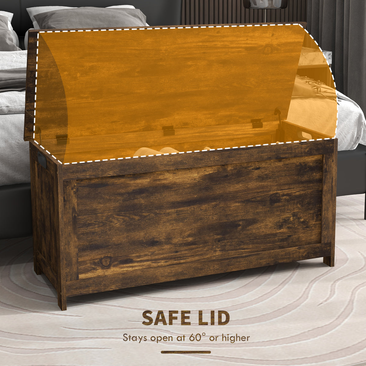 Storage Trunk with 2 Safety Hinges, Modern Entryway Bench with Side Handles, Storage Chest for Living Room, Rustic Brown