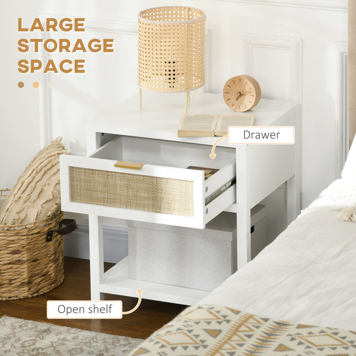 Boho Nightstand, Bedside Table with Rattan Drawer and Open Shelf, Side End Table for Bedroom, Living Room