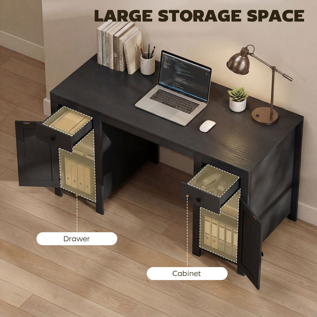 53" Farmhouse Executive Desk, Computer Desk with Drawers and 2 Cabinets, Study Table for Home Office, Black Wood Grain