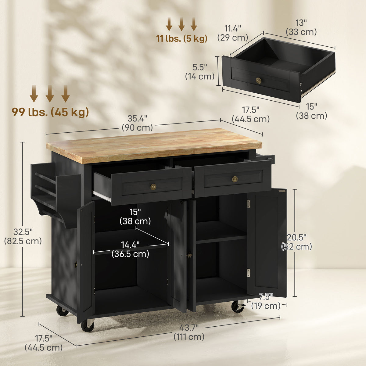 Rolling Kitchen Island with Rubber Wood Top and Storage, Spice Rack, Towel Rack, Black