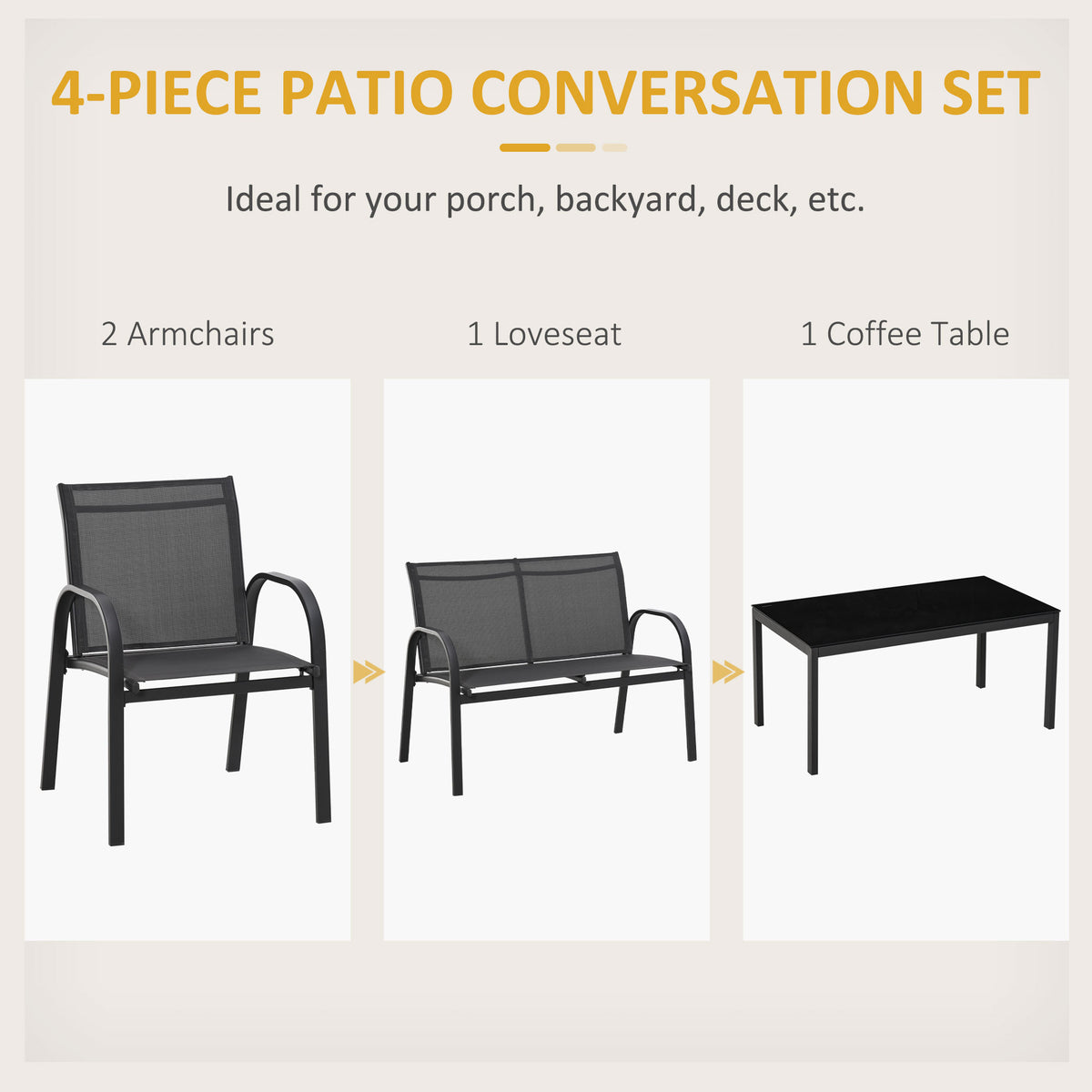 4-Piece Patio Furniture Set Garden Conversation Set with Loveseat, Single Chairs and Coffee Table for Backyard Poolside Balcony