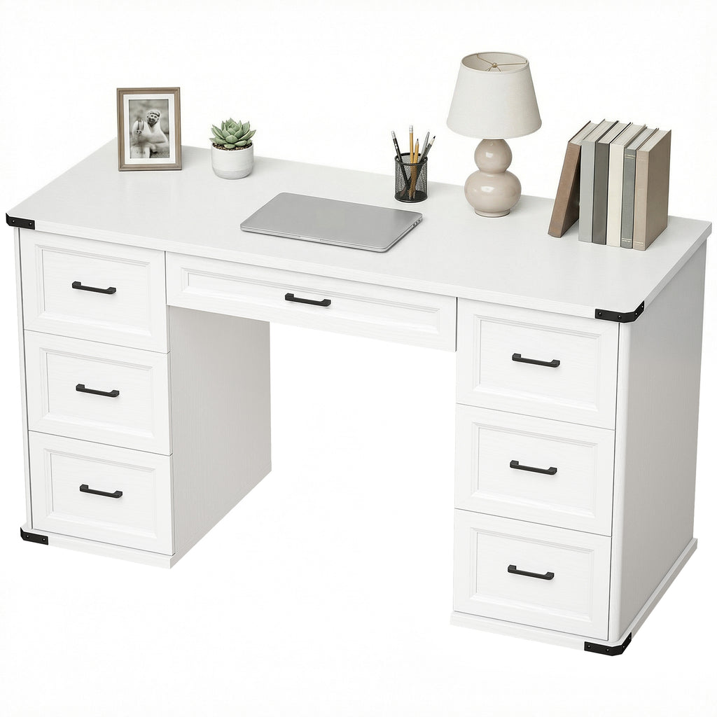 55" Computer Desk with 7 Drawers, Farmhouse Executive Desk for Home Office, Study, Bedroom, Black Wood Grain