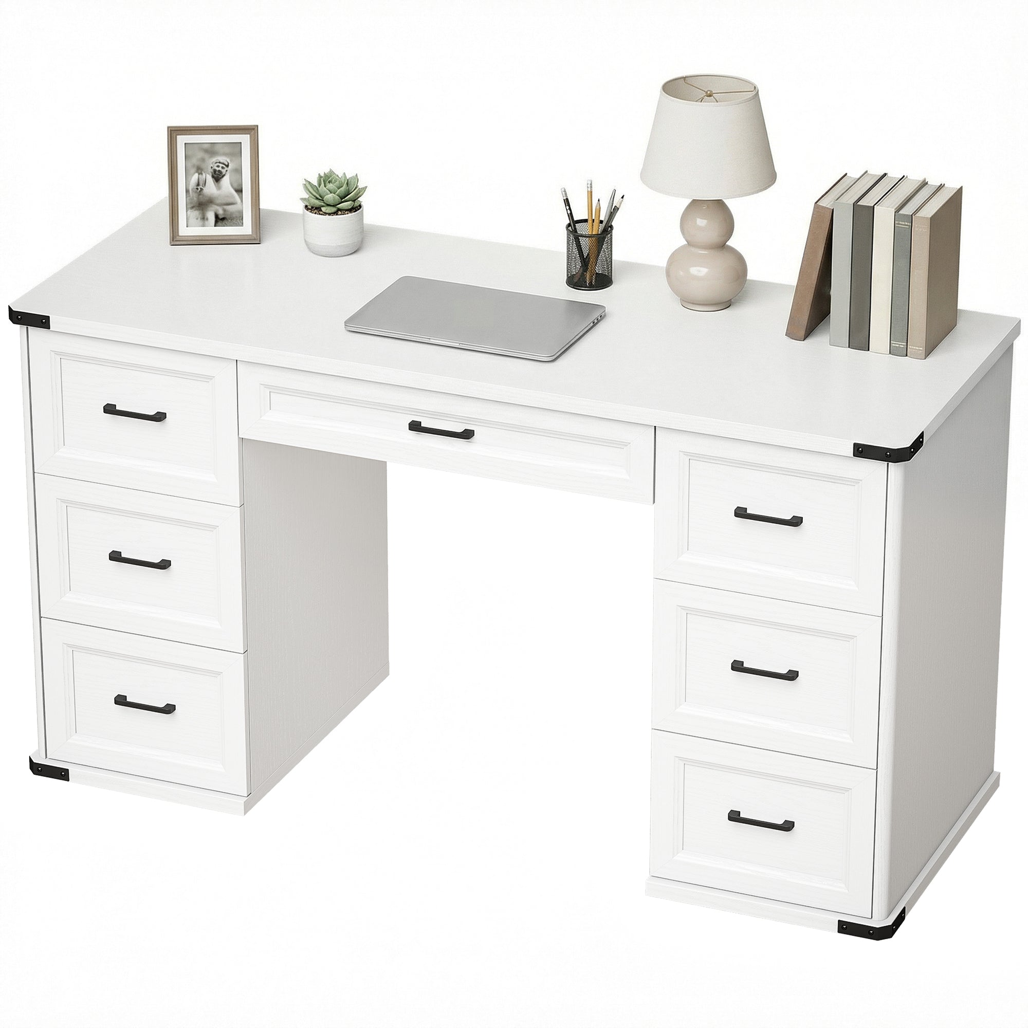 55" Computer Desk with 7 Drawers, Farmhouse Executive Desk for Home Office, Study, Bedroom, Black Wood Grain