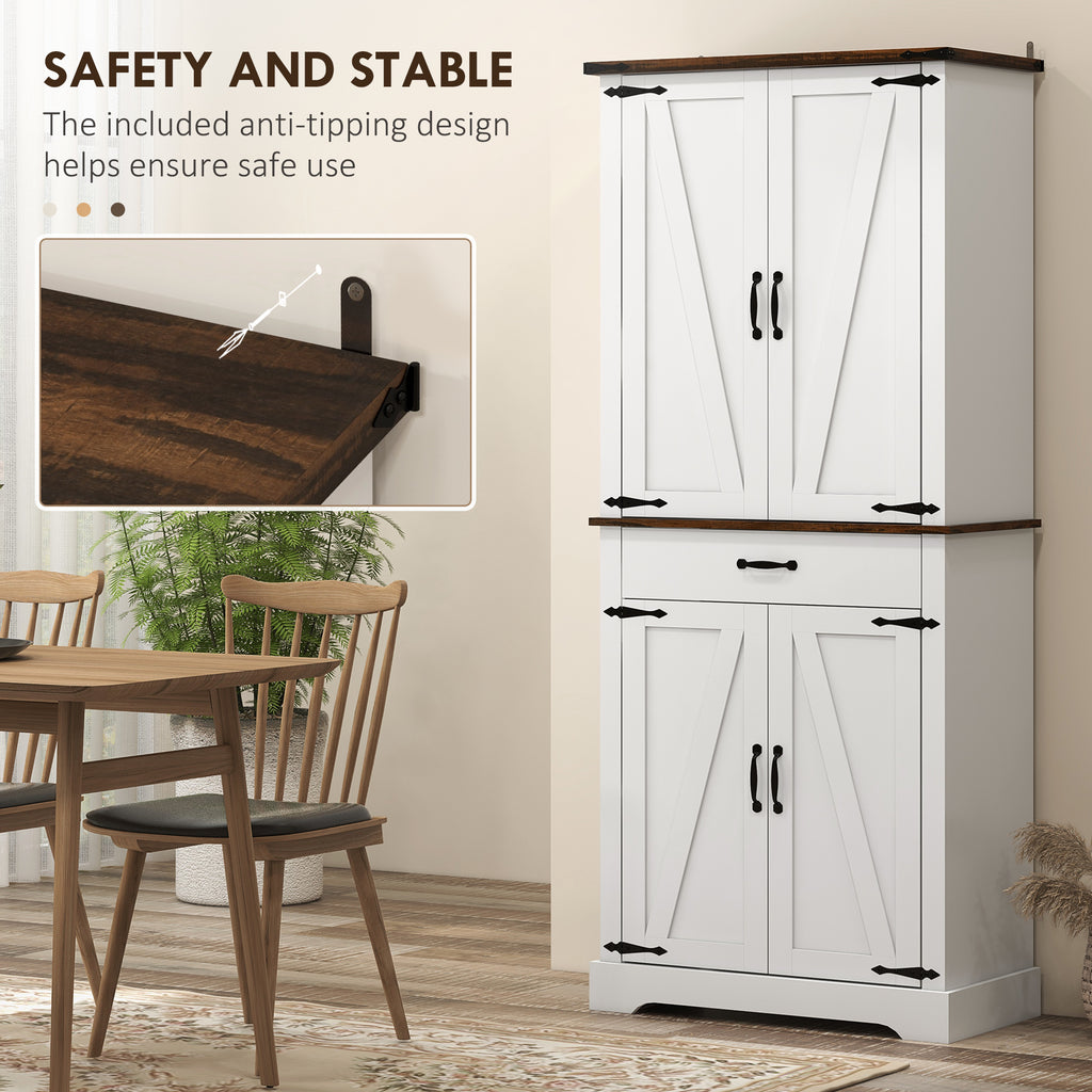 71" Tall Kitchen Cabinet, Farmhouse Pantry Cabinet with Barn Doors, Drawer and Adjustable Shelves, White