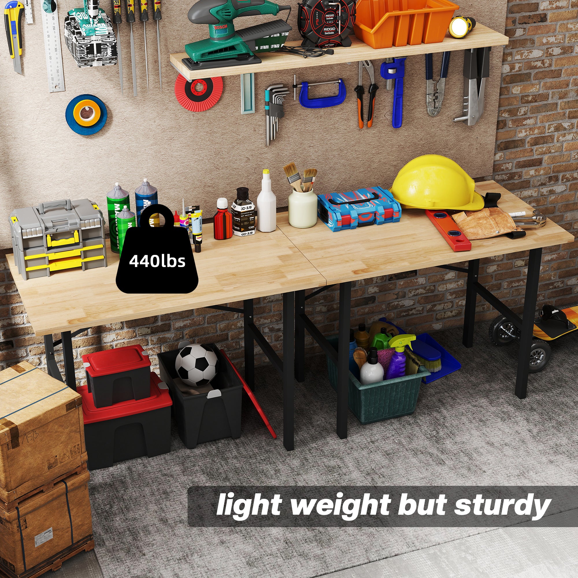 46" Work bench Table Oak Wood Top, Heavy-Duty Steel Work Table High Stability Workstation, Natural Wood