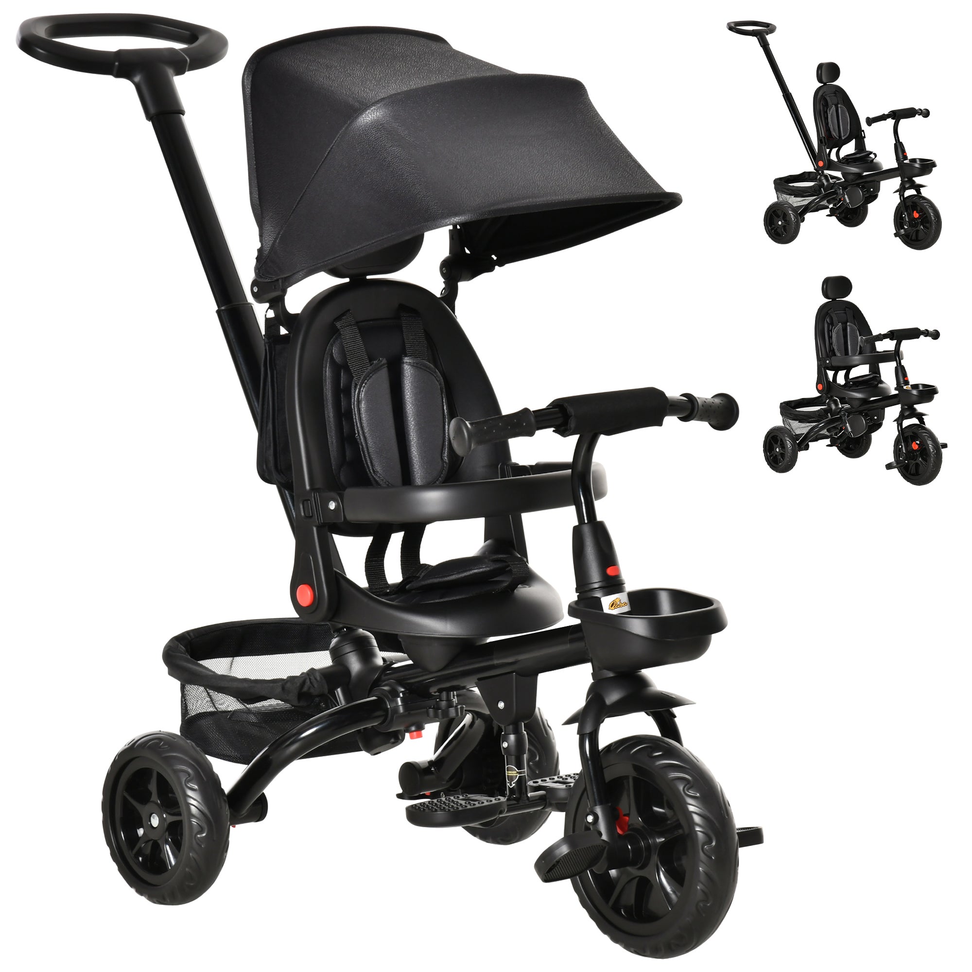 Qaba Tricycle for Toddler 5 in 1 Kids Trike, Foldable Converts Stroller to Toddler Bike, Adjustable Backrest & Curved Canopy, Detachable Guardrail & Handle for 1-5 Years Old, Black