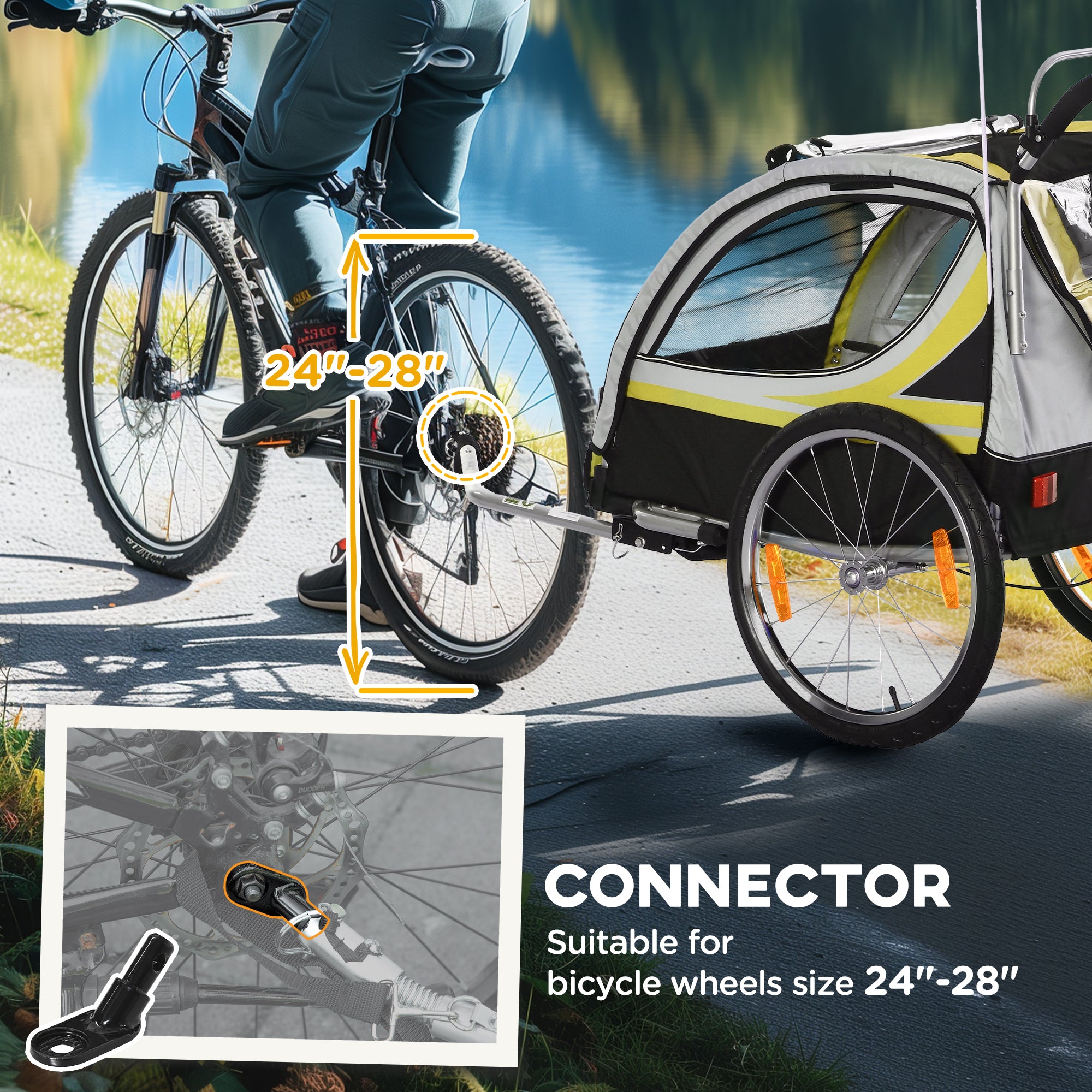 Aosom 2 Seat Bike Trailer for Kids 2-in-1 Double Baby Stroller with Handbrake, Rubber Wheels, 5 Point Harness, Waterproof Cover, Storage Bag, Reflectors, Green