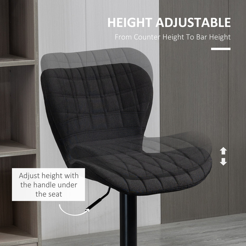 Bar Stools Set of 2, Adjustable Height Swivel Bar Chairs, Linen-feel Fabric Upholstered Kitchen Counter Stools with Wide Seat, Back and Footrest, Grey