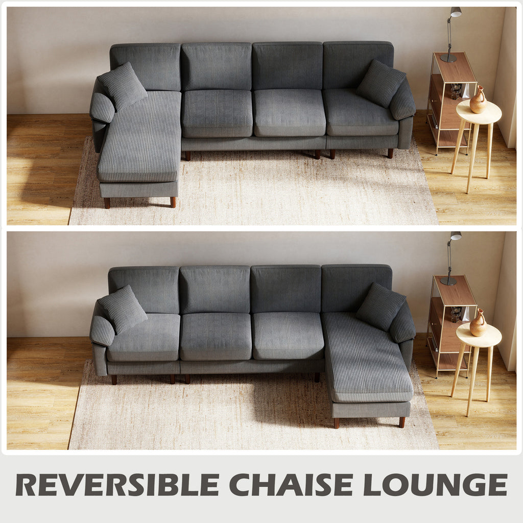 L-Shape Sofa, Modern Sectional Couch with Changeable Chaise Lounge, Pillows and Wooden Legs for Living Room, Dark Grey