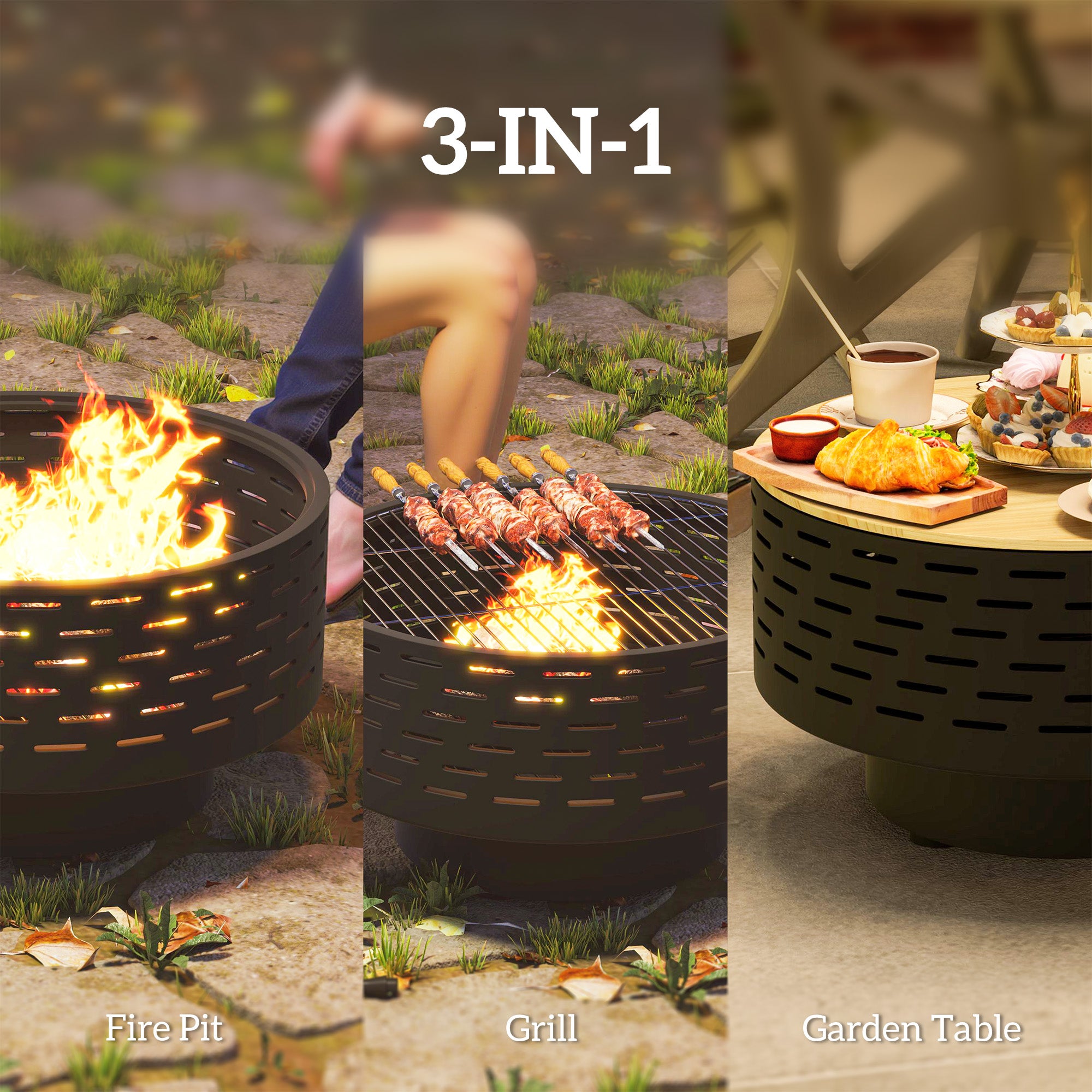 3-ኣብ-1 ሓዊ ጕድጓድ Φ23.8" x 15.4" ደገ ሓዊ ዓሳ ምስ ኣይስቲል ስቲል ግሪል ግሪት፣ ዕጨይሽ-ኣካል ሓዊ ቅርጽቲ