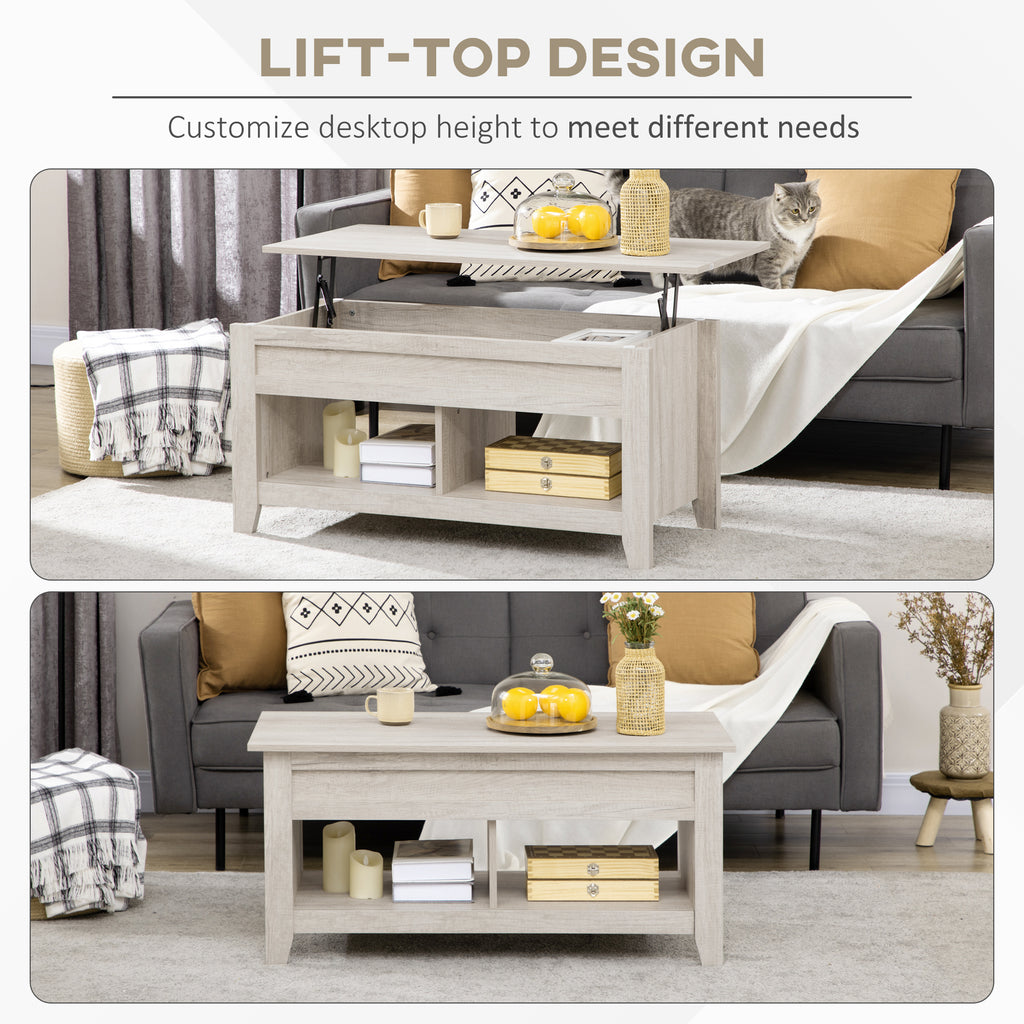 Lift Top Coffee Table with Hidden Storage Compartment and Open Shelves, Lift Tabletop Pop-Up Center Table for Living Room, Oak Effect