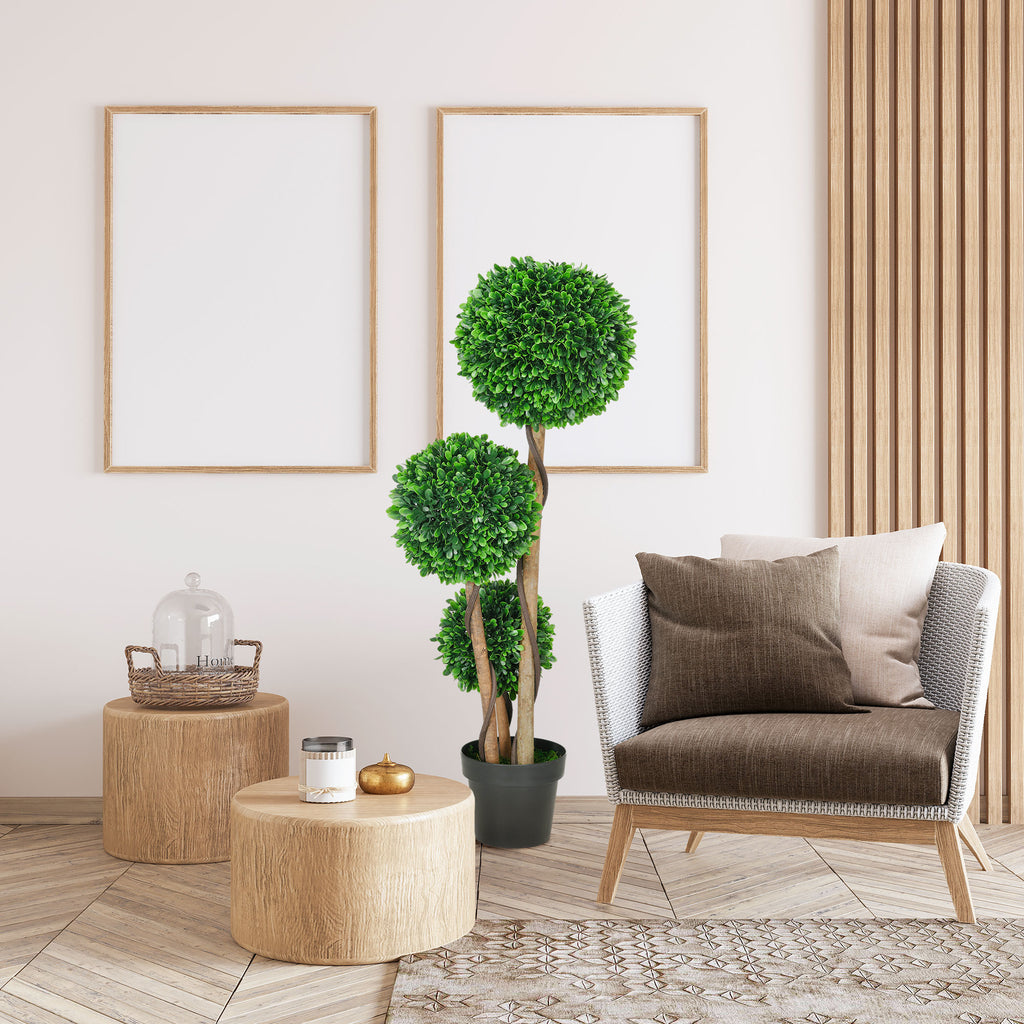 3ft Artificial Tree, Triple Ball Boxwood Topiary with Pot and Sandalwood Leaves, for Indoor Outdoor Home