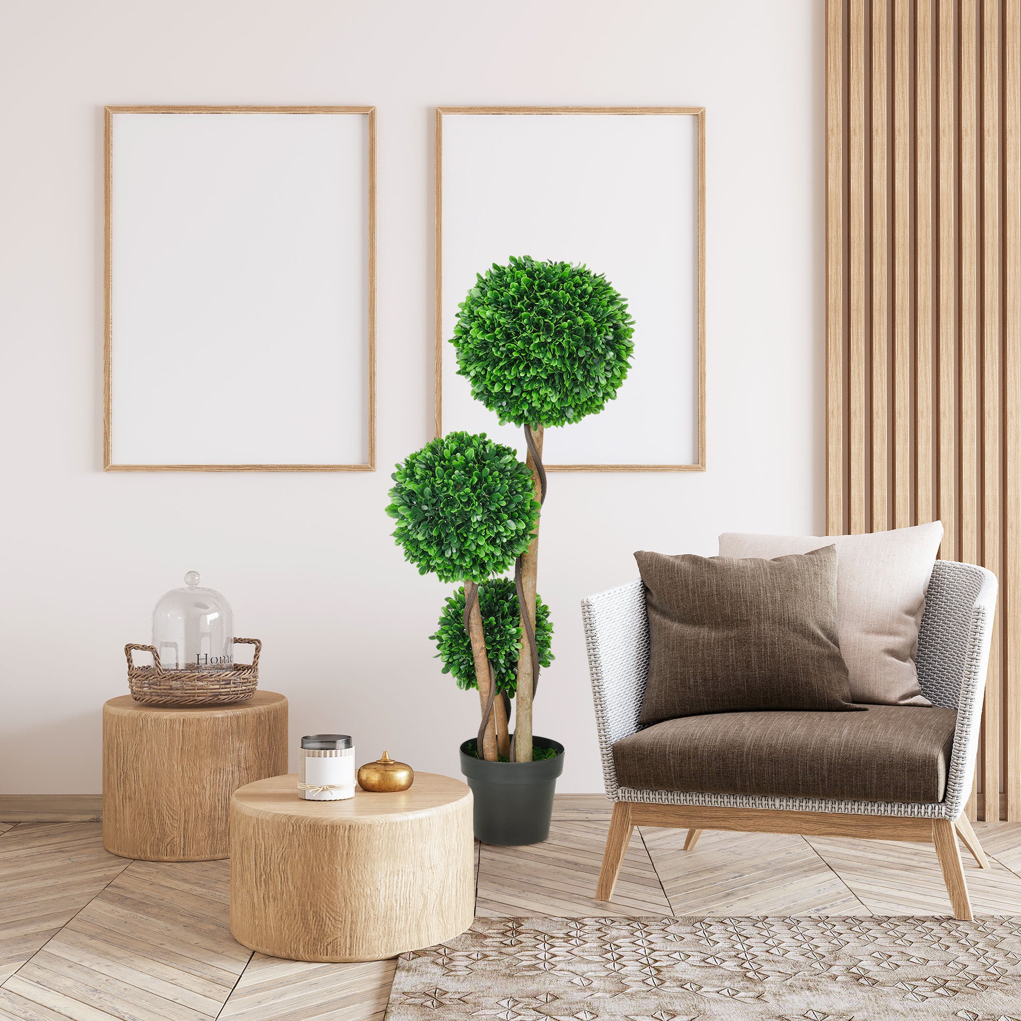 3ft Artificial Tree, Triple Ball Boxwood Topiary with Pot and Sandalwood Leaves, for Indoor Outdoor Home