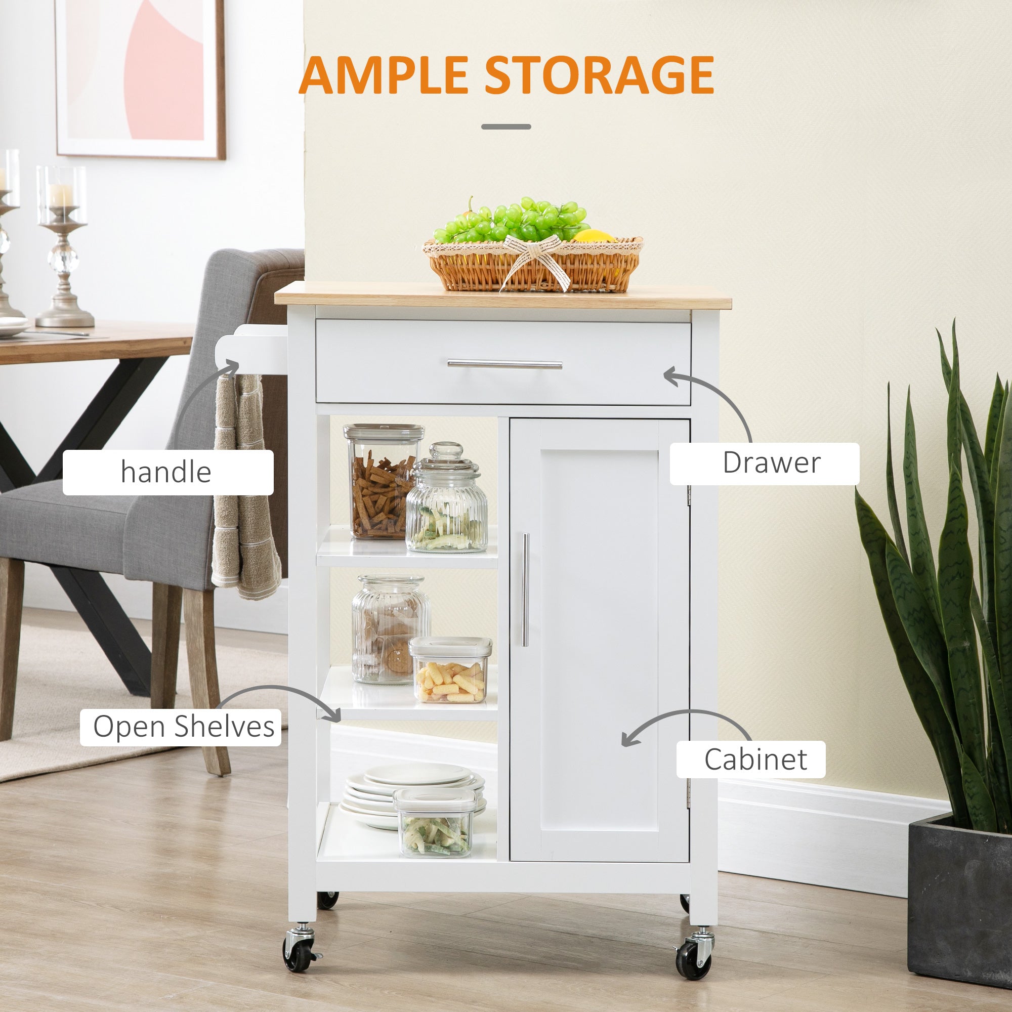 Kitchen Island, Compact Kitchen Cart on Wheels with Open Shelf & Storage Drawer for Dining Room, Kitchen, White