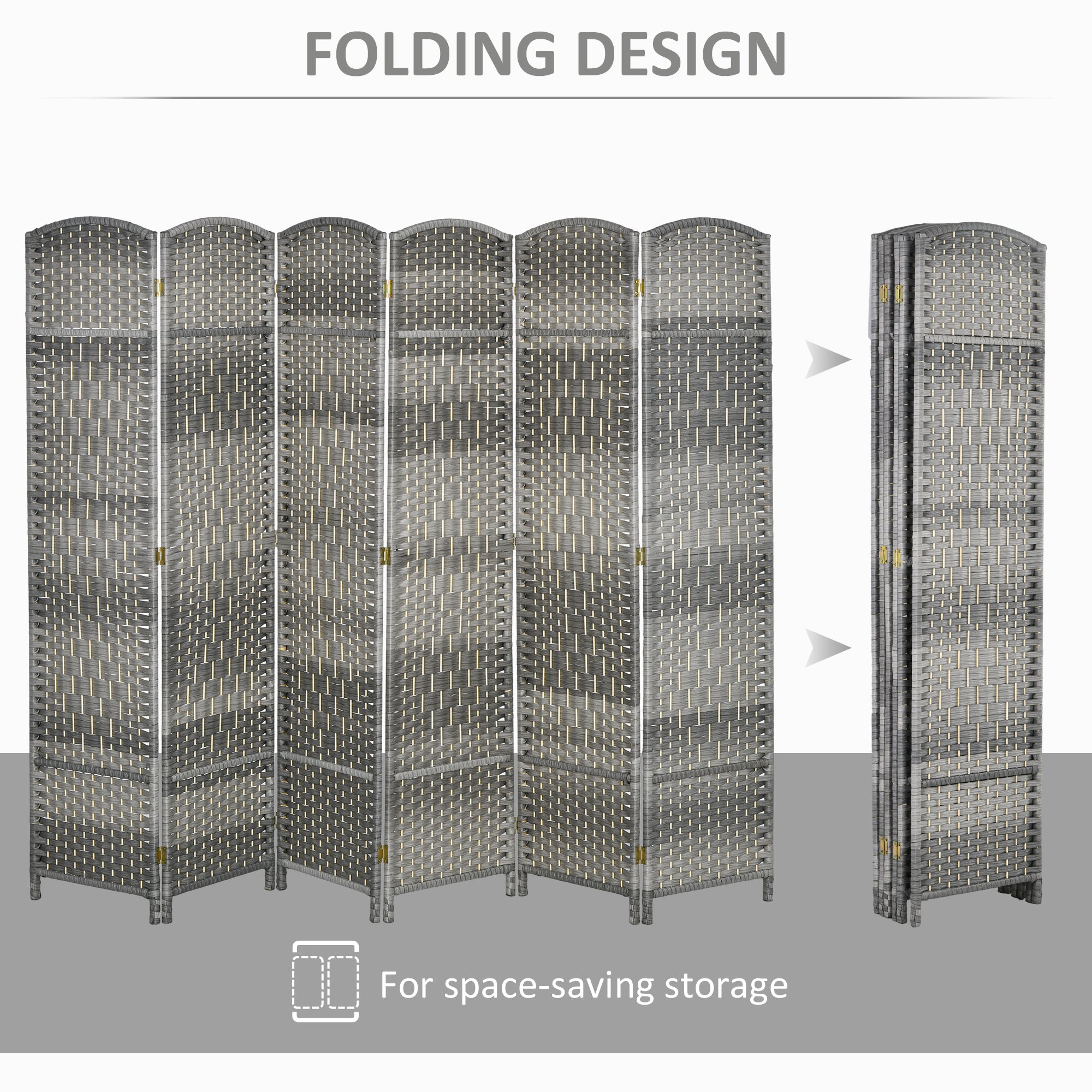 6 Ft Tall Folding Room Divider, 3 Panel Portable Privacy Screen, Hand-Woven Partition Wall Divider, Mixed Grey