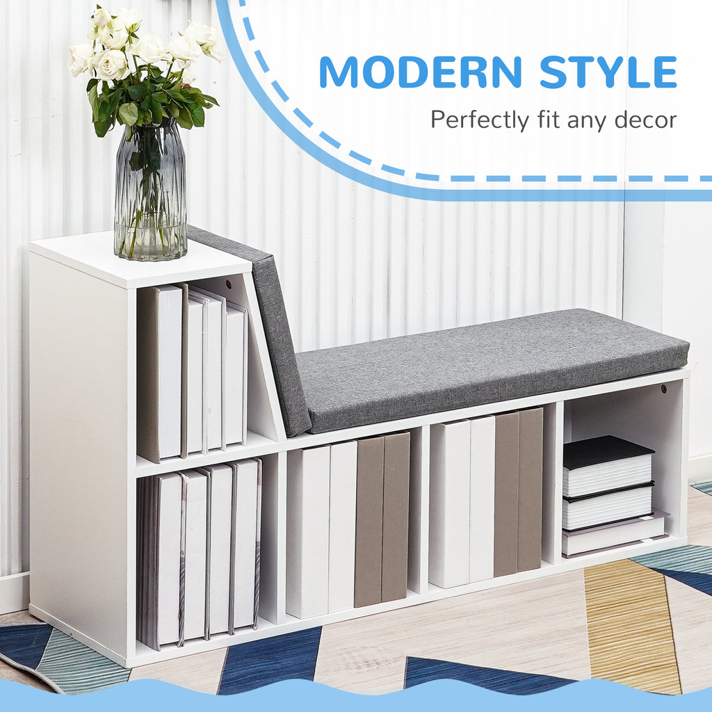 Multi-Purpose Bookshelf with 5 Cubes, 5-Cubby Bookcase with Cushioned Reading Nook and Storage Shelves, Grey