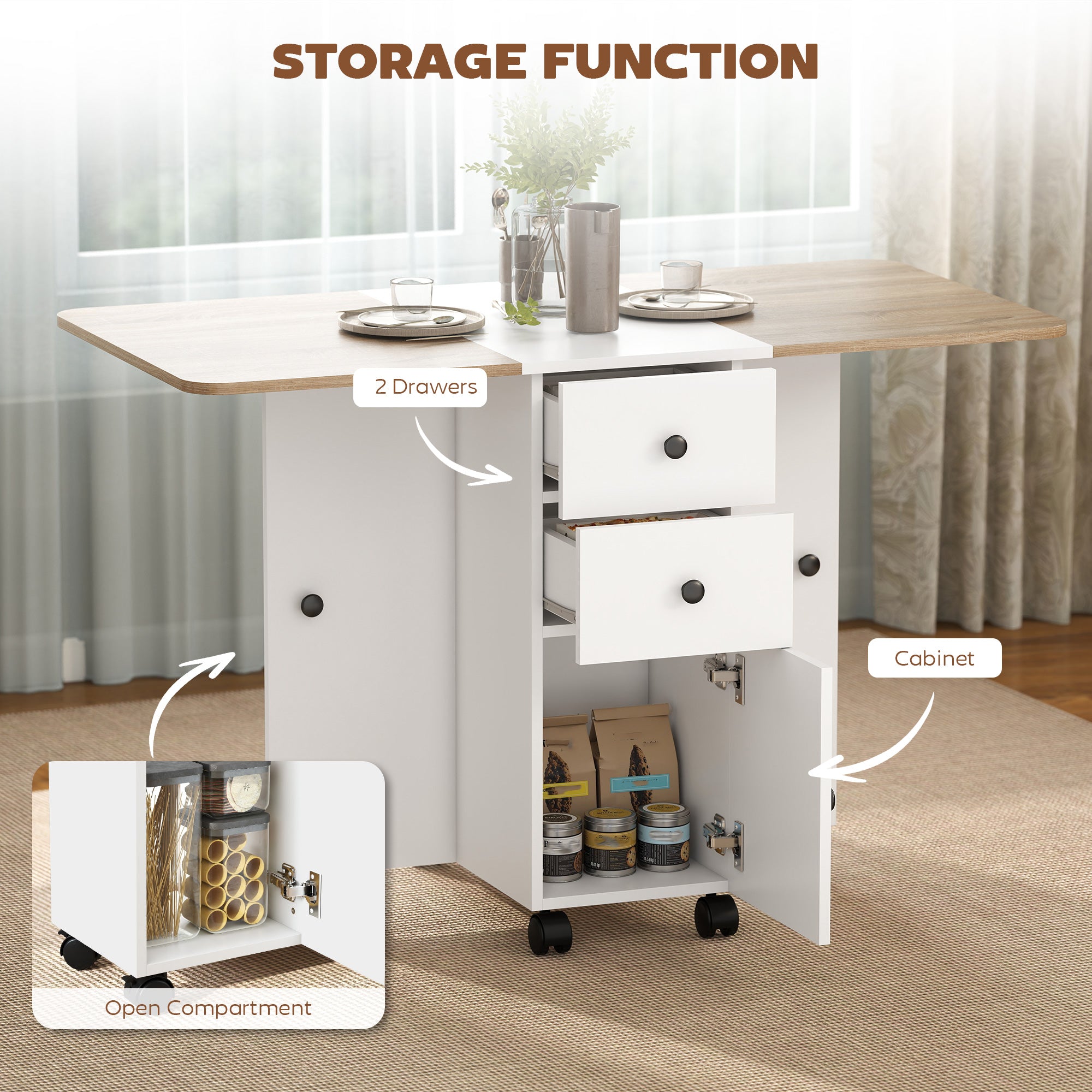 Drop Leaf Dining Table, Mobile Folding Table on Wheels with Drawers and Cabinet for Dining Room, Kitchen, White and Oak