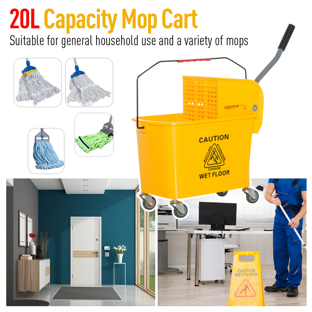 Compact Mop Bucket with Wringer, Mop Bucket on Wheels, 5 Gallon, Separate Dirty and Clean Water, Yellow