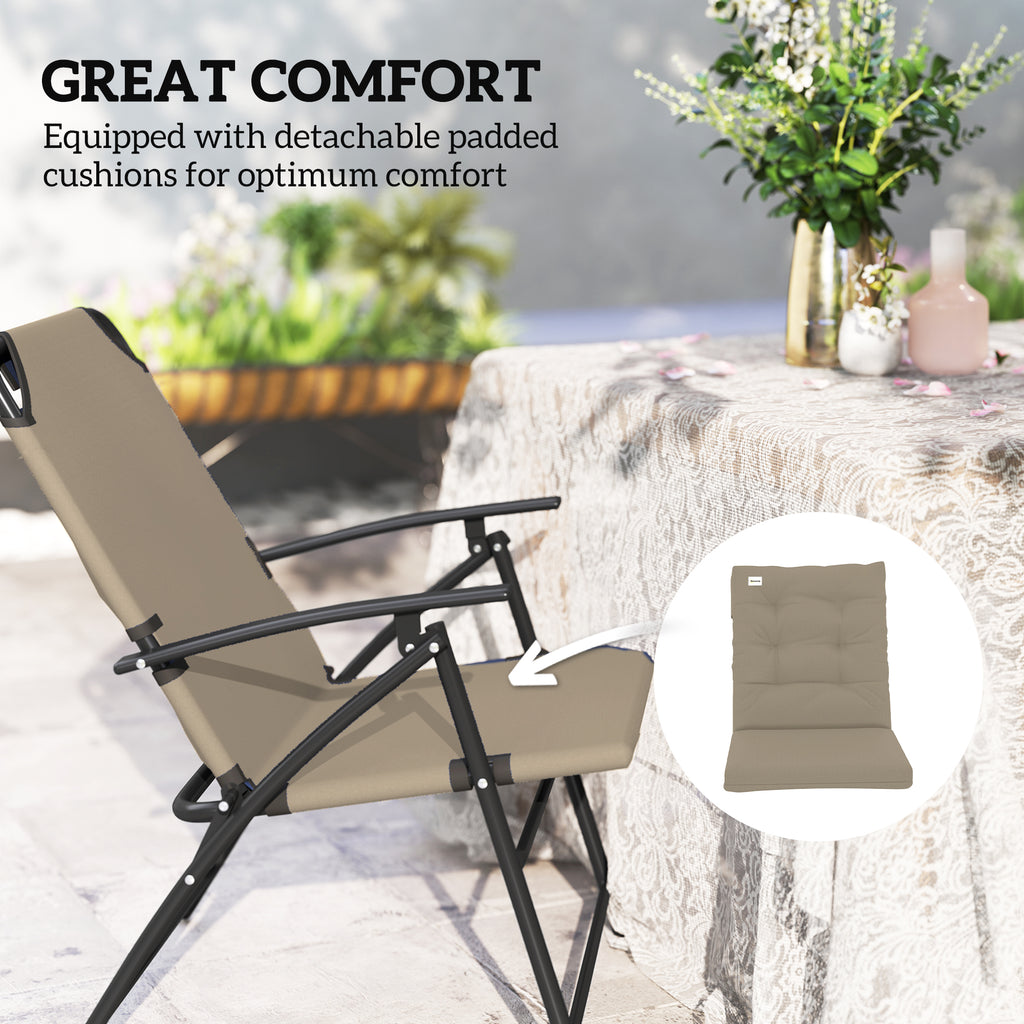 Set of 2 Outdoor Folding Chairs with Adjustable Backrest, Padded Camping Chairs for Outdoor Events, Khaki