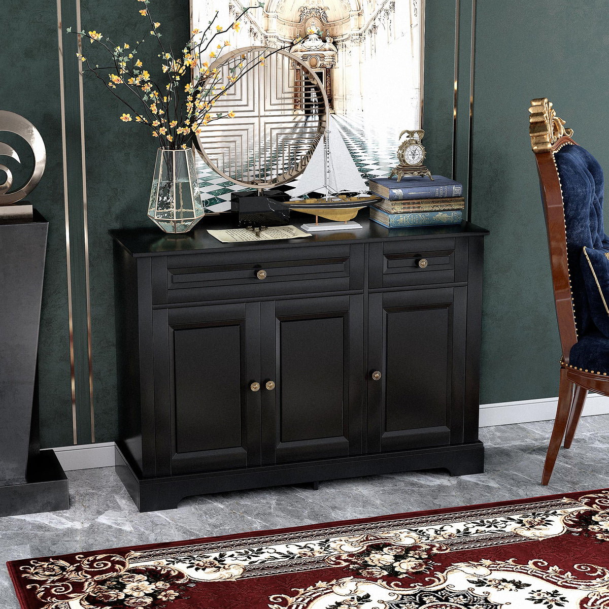 Modern Sideboard Cabinet, Buffet Cabinet with 2 Drawers and Adjustable Shelves, Buffets Tables for Dining Room, Black