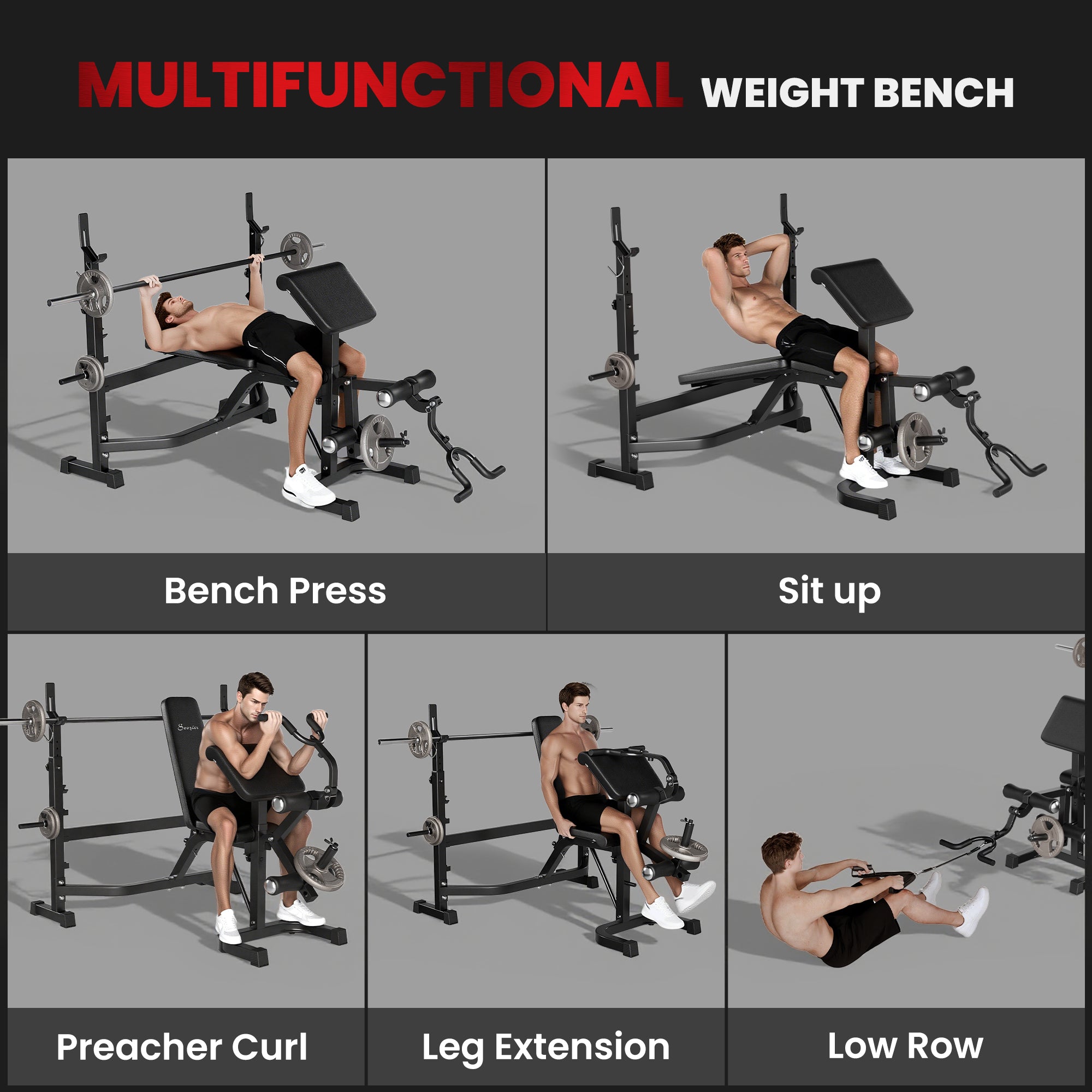 Soozier Weight Bench Stand with Squat Rack, Adjustable Olympic Bench, Multifunctional Arm Curl Pad, Leg Extension, Grey