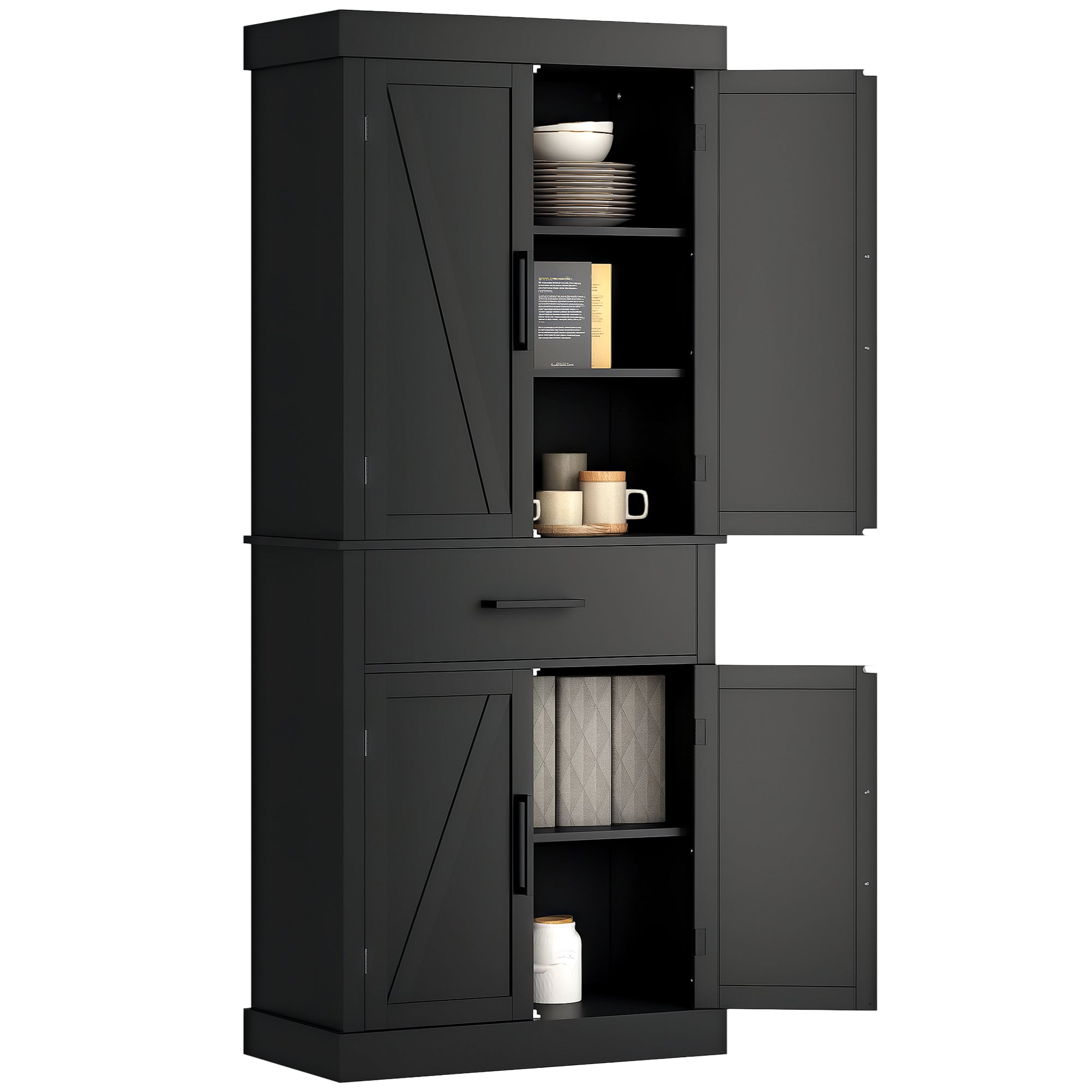 72" Kitchen Storage Cabinet, Farmhouse Kitchen Pantry Cabinet with 4 Barn Doors, Drawer, Adjustable Shelves, White
