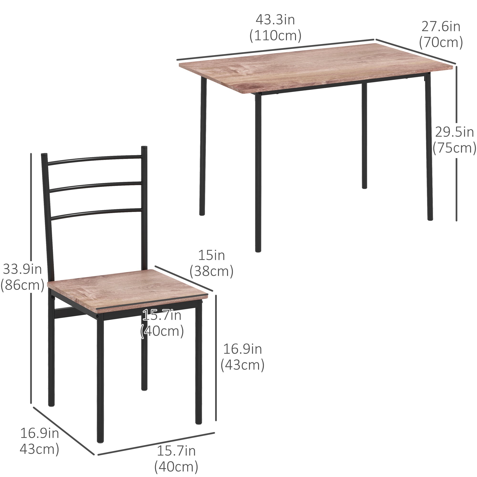 5 Piece Dining Table Set for 4, Space Saving Kitchen Table and 4 Chairs, Rectangle, Steel Frame for Dining Room, Oak