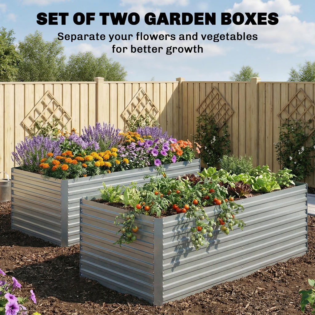 Set of 2 Galvanised Raised Garden Bed, 6 x 3 x 2 ft Metal Garden Bed with Safe Edging, Silver