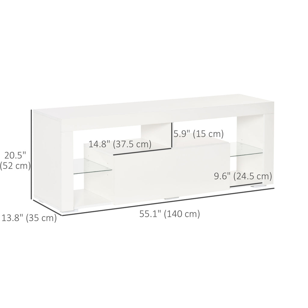 TV Stand for 55-Inch TVs, High Gloss TV Bench with LED Lights, Remote Control, Storage Drawer and Shelves, Entertainment Unit for Living Room, Bedroom, White