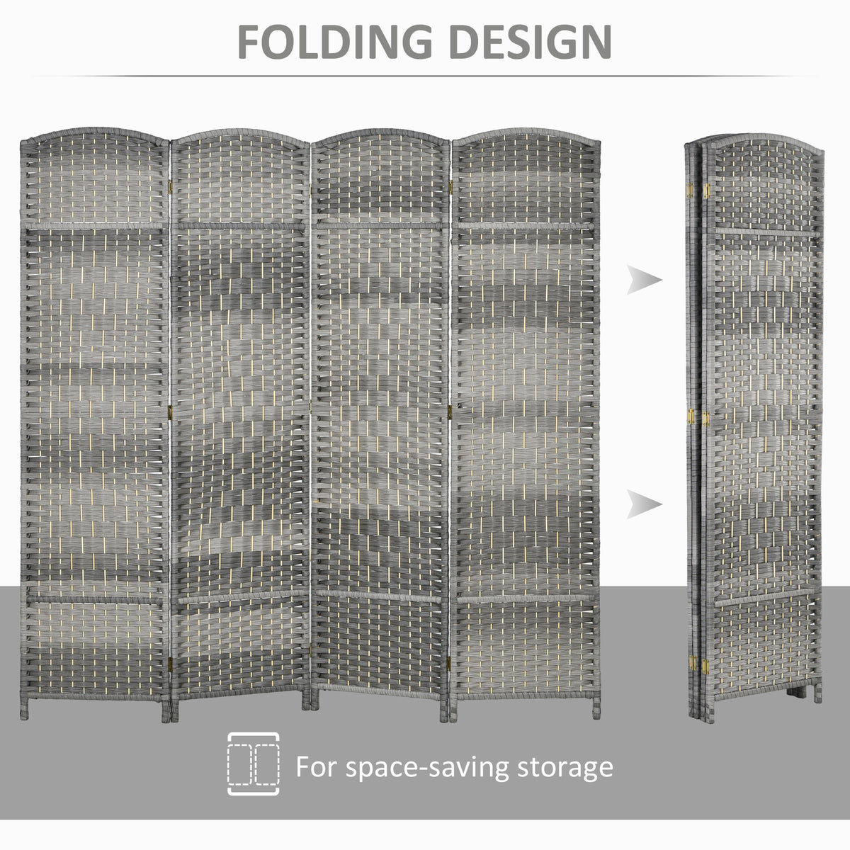 6 Ft Tall Folding Room Divider, 3 Panel Portable Privacy Screen, Hand-Woven Partition Wall Divider, Mixed Grey