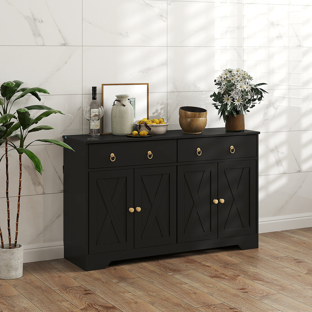 Sideboard Cabinet with 2 Drawers, 4 Barn Doors and 2 Adjustable Shelves, Buffet Table for Living Room, Black