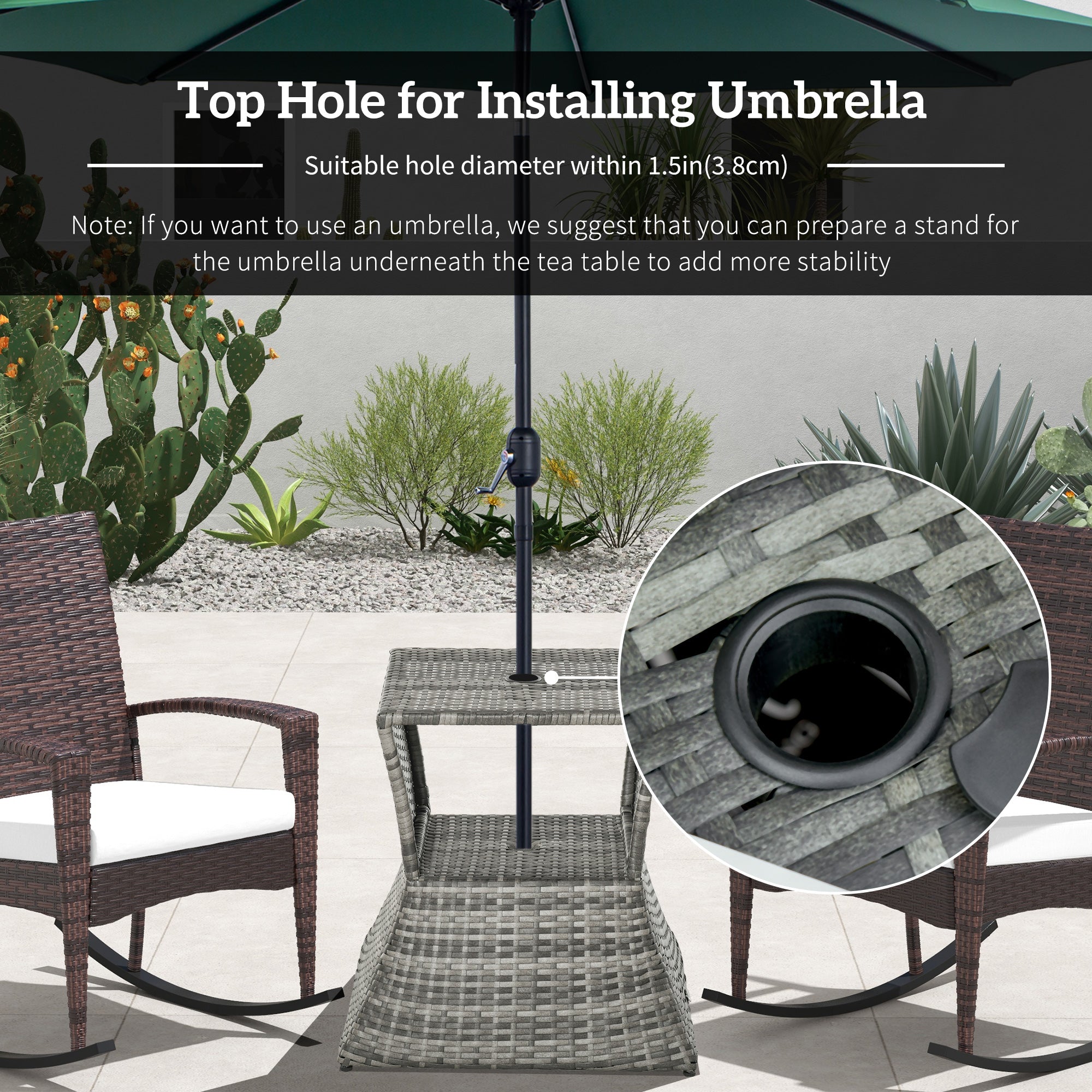 Rattan Wicker Side Table, 21.3" Square Outdoor End Table with Umbrella Hole 2-Tier Storage for Patio Garden Mixed Brown