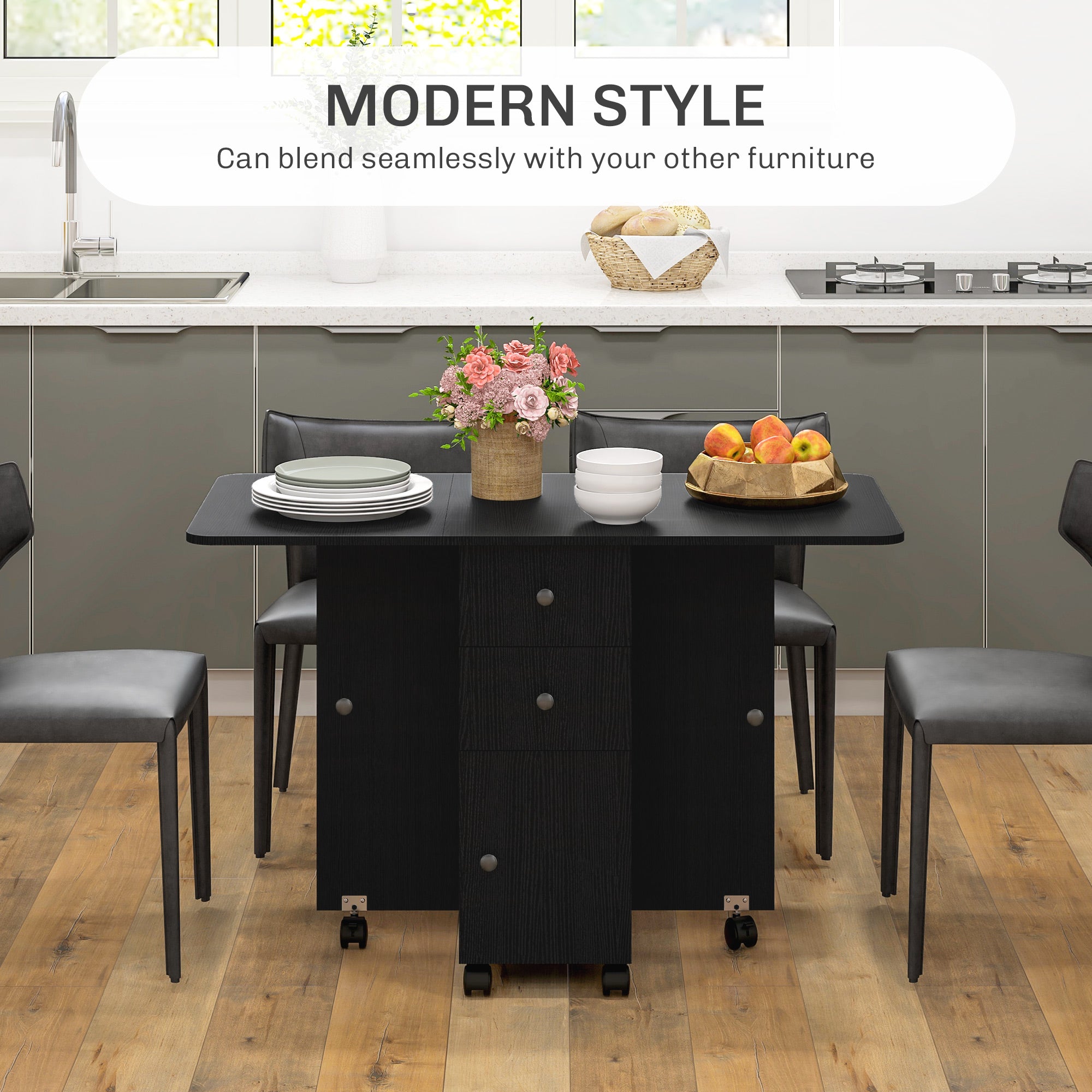 Drop Leaf Dining Table, Mobile Folding Table on Wheels with Drawers and Cabinet for Dining Room, Kitchen, Brown
