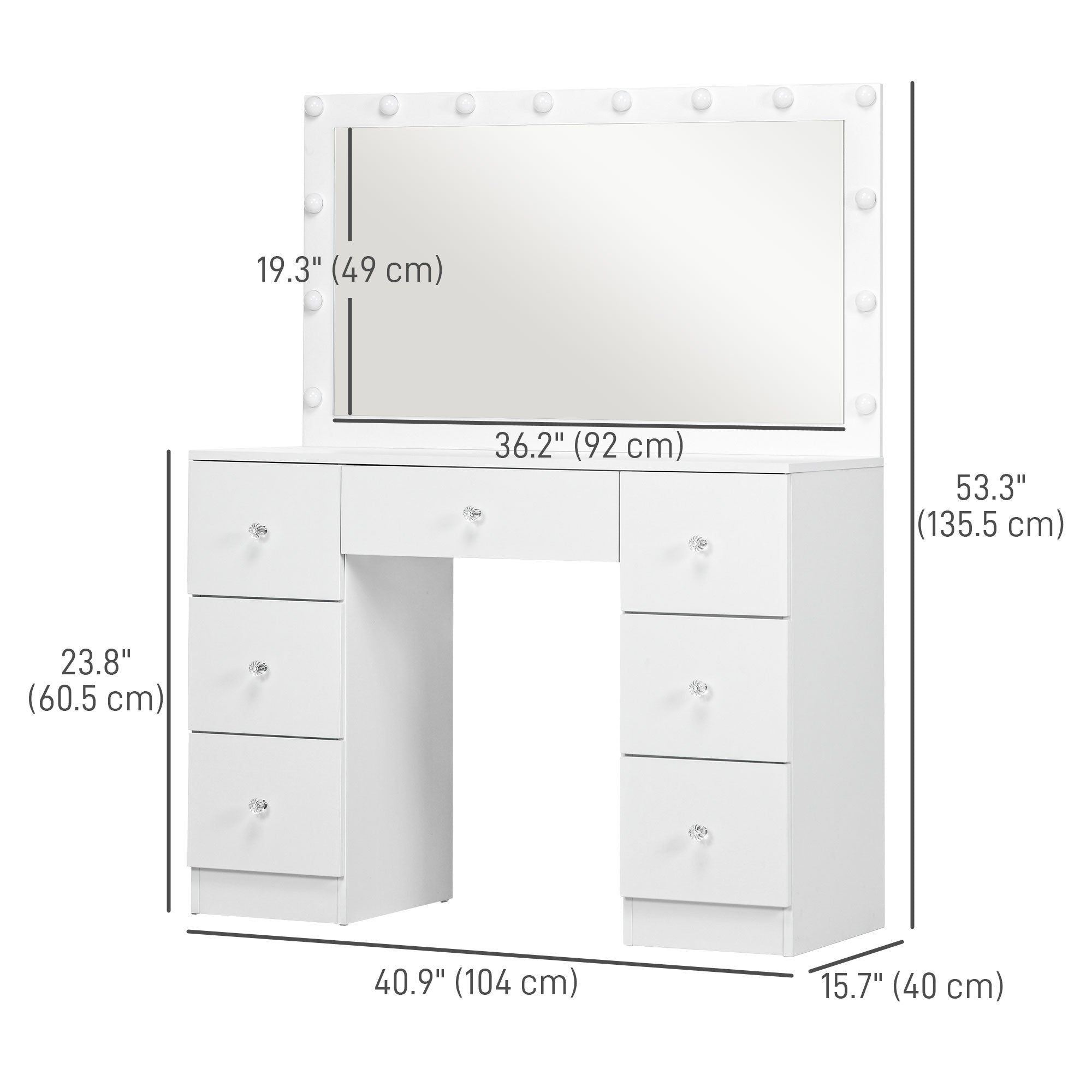 Makeup Vanity Table, Dressing Table with Mirror and Lights, Modern Makeup Table with 7 Drawers and 10 LED Lights, White