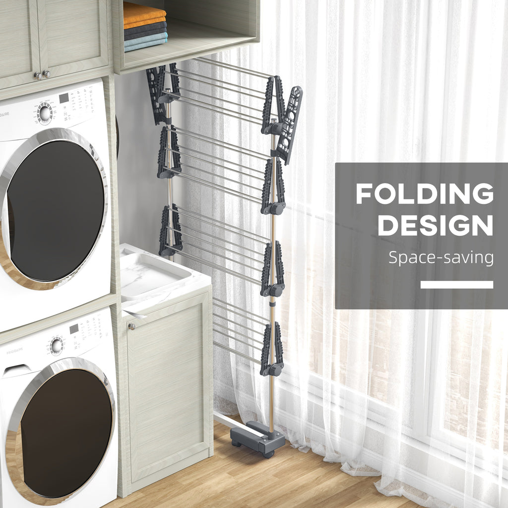 Garment Drying Rack Stainless Steel Folding Clothes Hanging Rack with Side Wings Castors for Indoor Outdoor White