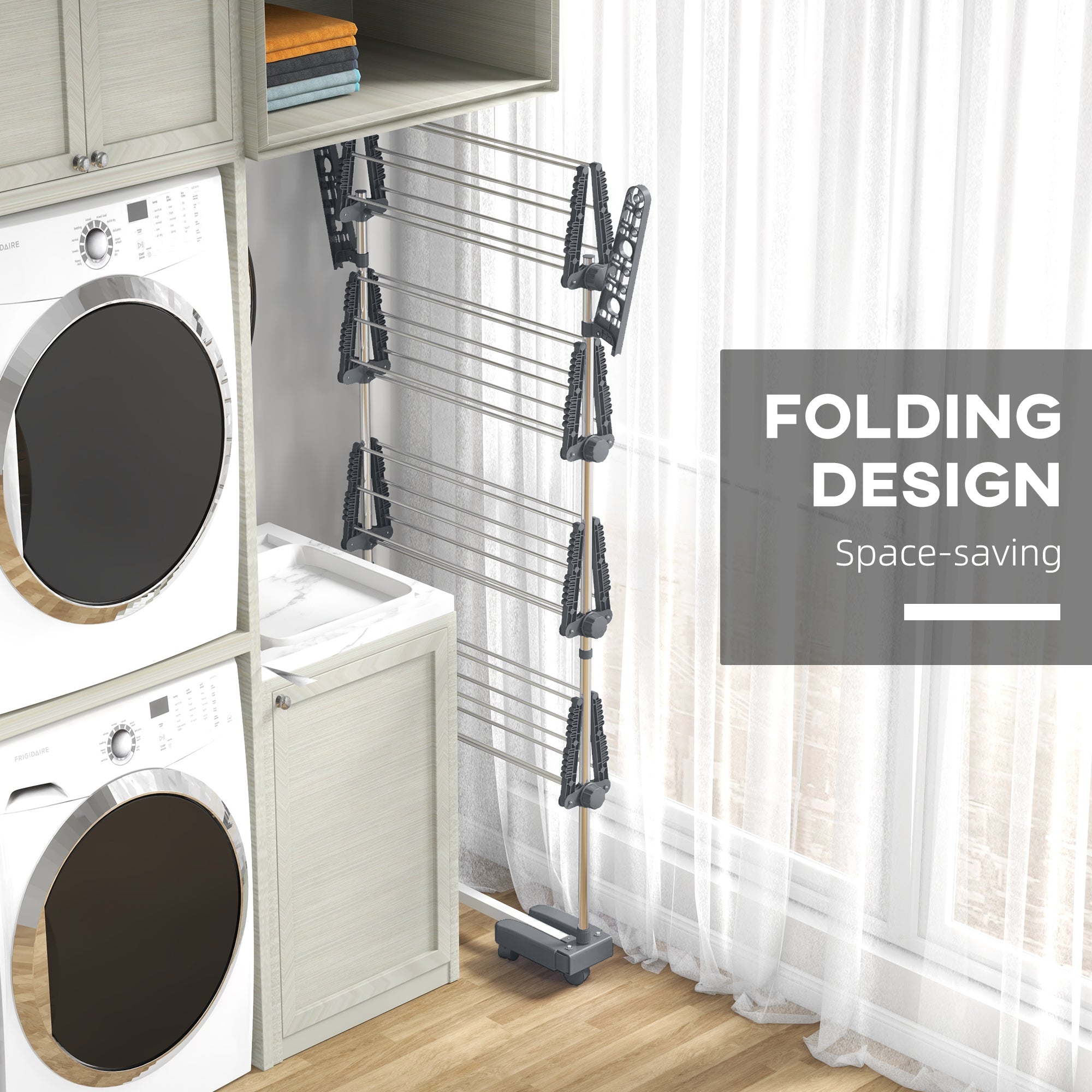 Garment Drying Rack Stainless Steel Folding Clothes Hanging Rack with Side Wings Castors for Indoor Outdoor White